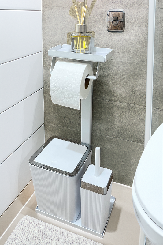 3'ü 1 Arada Banyo Seti Tuvalet Kağıtlık, Çizgili Çöp Kovası Ve Tuvalet Fırça Takımı