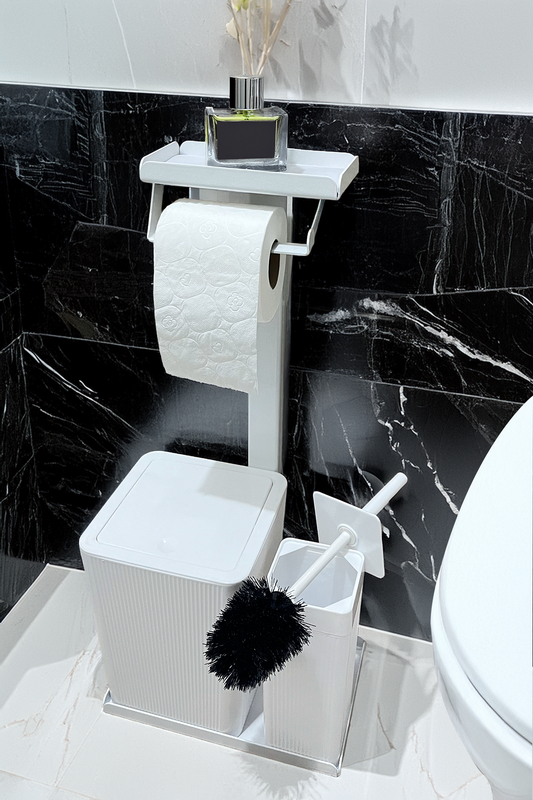 3'ü 1 Arada Banyo Seti Tuvalet Kağıtlık, Çizgili Çöp Kovası Ve Tuvalet Fırça Takımı