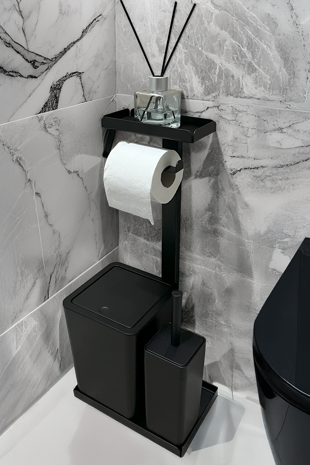 3'ü 1 Arada Banyo Seti Tuvalet Kağıtlık, Düz Çöp Kovası Ve Tuvalet Fırça Takımı