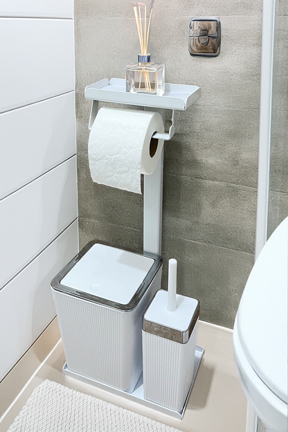 3'ü 1 Arada Banyo Seti Tuvalet Kağıtlık, Çizgili Çöp Kovası Ve Tuvalet Fırça Takımı