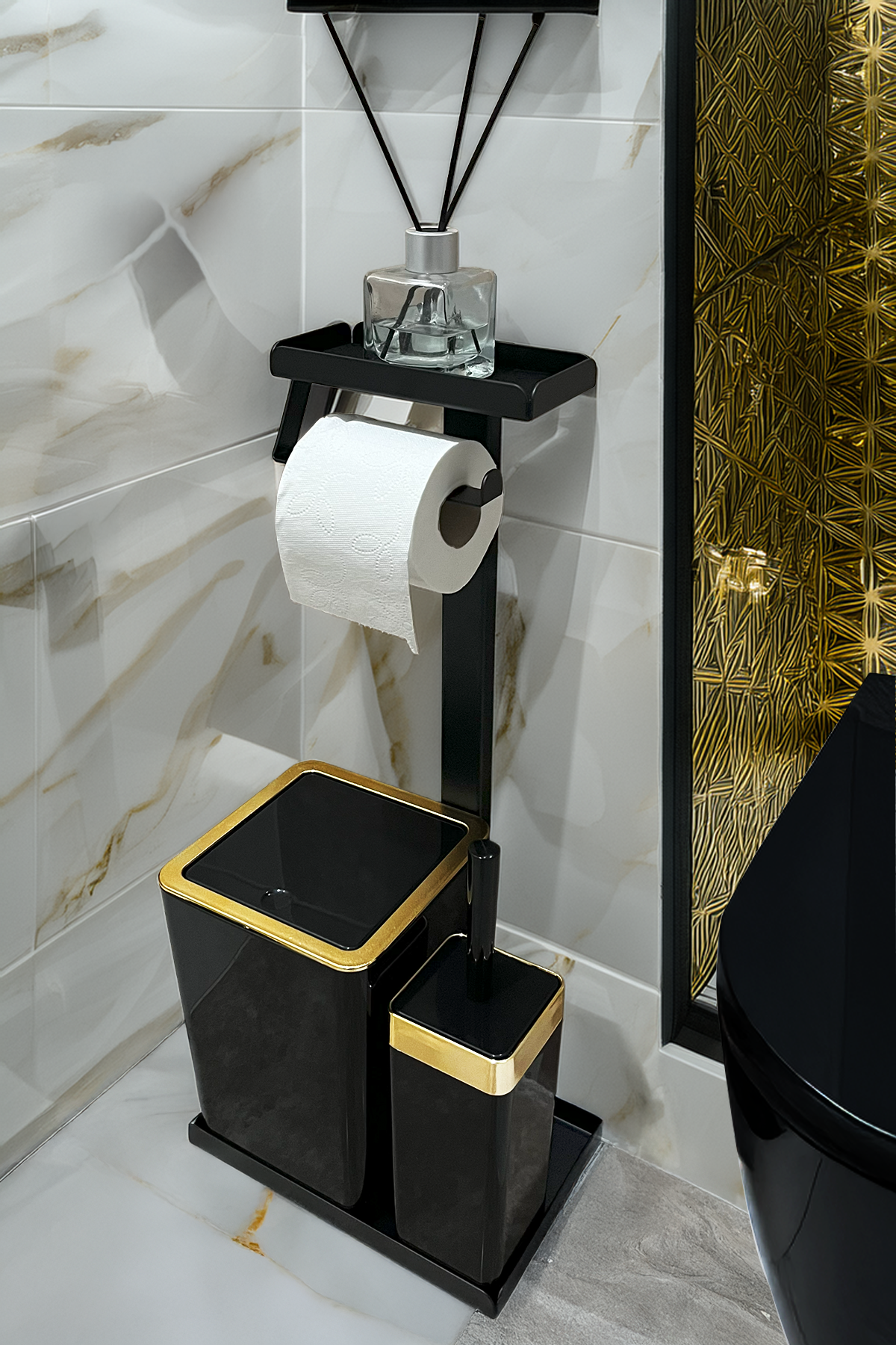 3'ü 1 Arada Banyo Seti Tuvalet Kağıtlık, Düz Çöp Kovası Ve Tuvalet Fırça Takımı