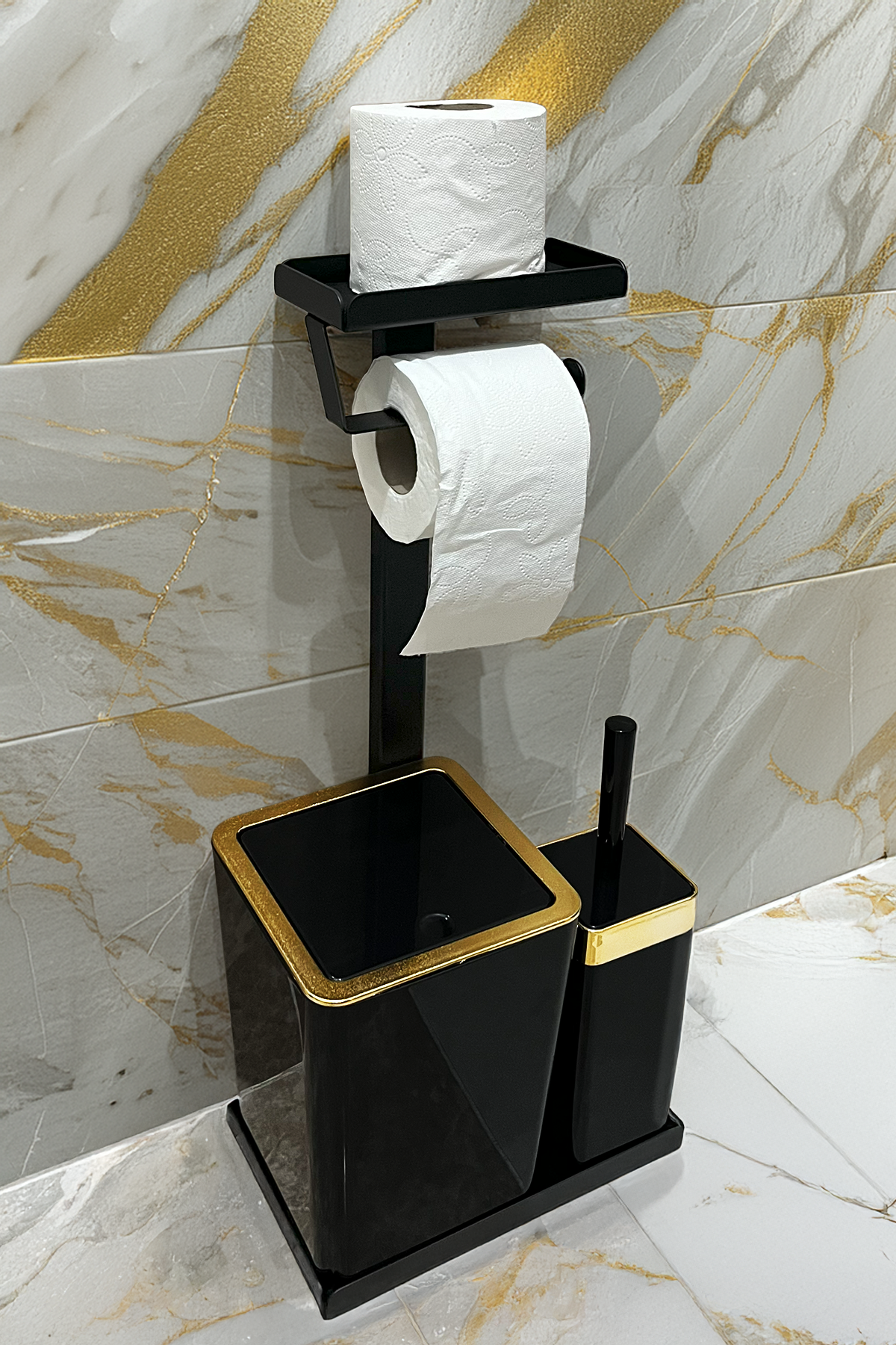 3'ü 1 Arada Banyo Seti Tuvalet Kağıtlık, Düz Çöp Kovası Ve Tuvalet Fırça Takımı