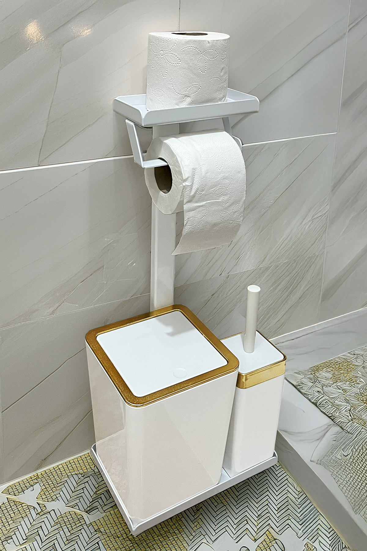 3'ü 1 Arada Banyo Seti Tuvalet Kağıtlık, Düz Çöp Kovası Ve Tuvalet Fırça Takımı