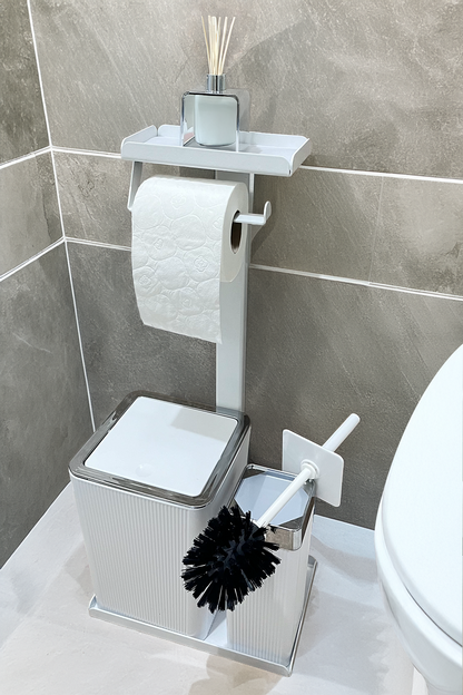 3'ü 1 Arada Banyo Seti Tuvalet Kağıtlık, Çizgili Çöp Kovası Ve Tuvalet Fırça Takımı