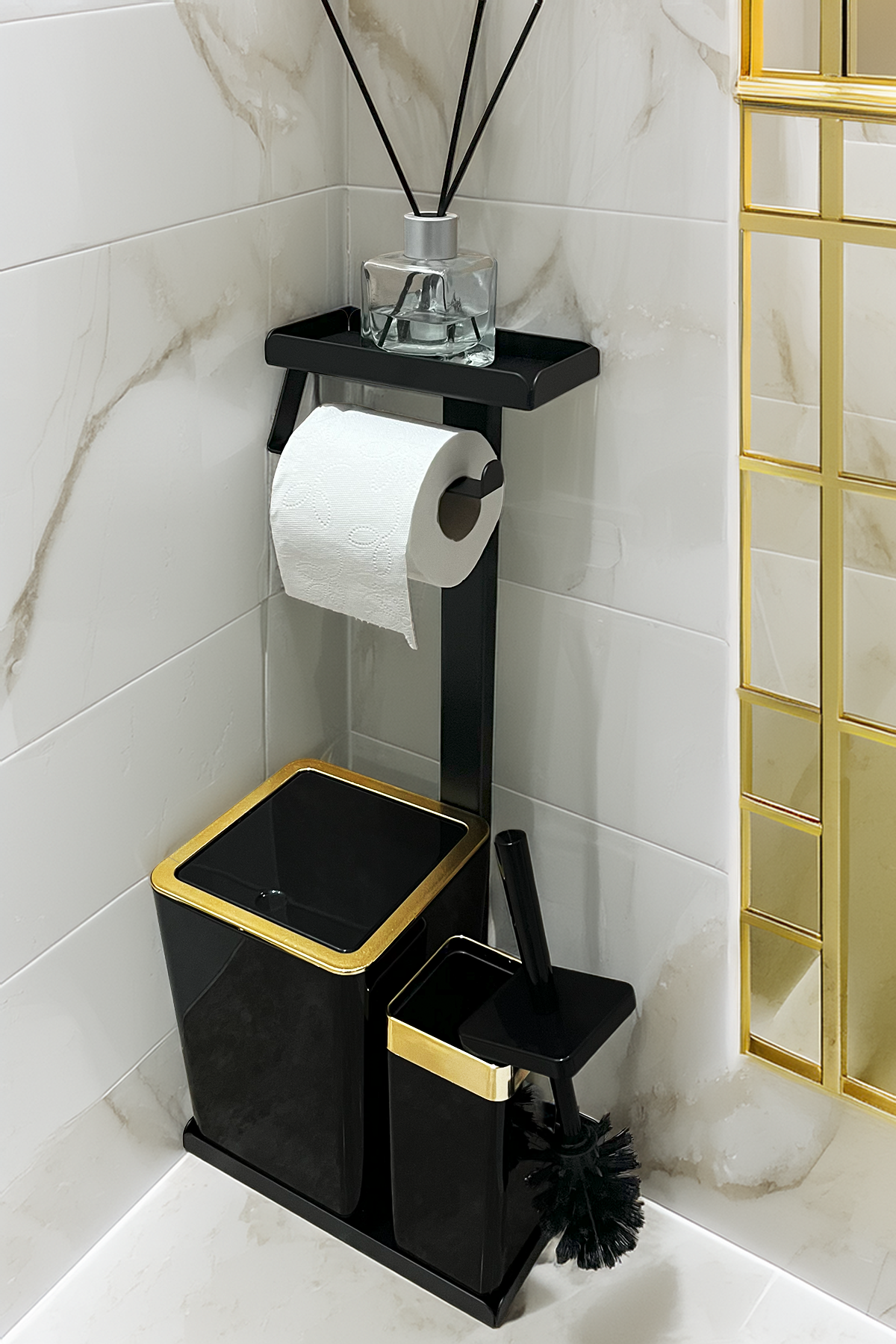 3'ü 1 Arada Banyo Seti Tuvalet Kağıtlık, Düz Çöp Kovası Ve Tuvalet Fırça Takımı