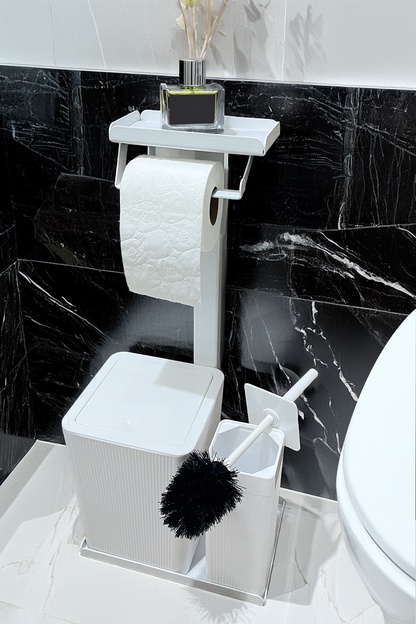 3'ü 1 Arada Banyo Seti Tuvalet Kağıtlık, Çizgili Çöp Kovası Ve Tuvalet Fırça Takımı