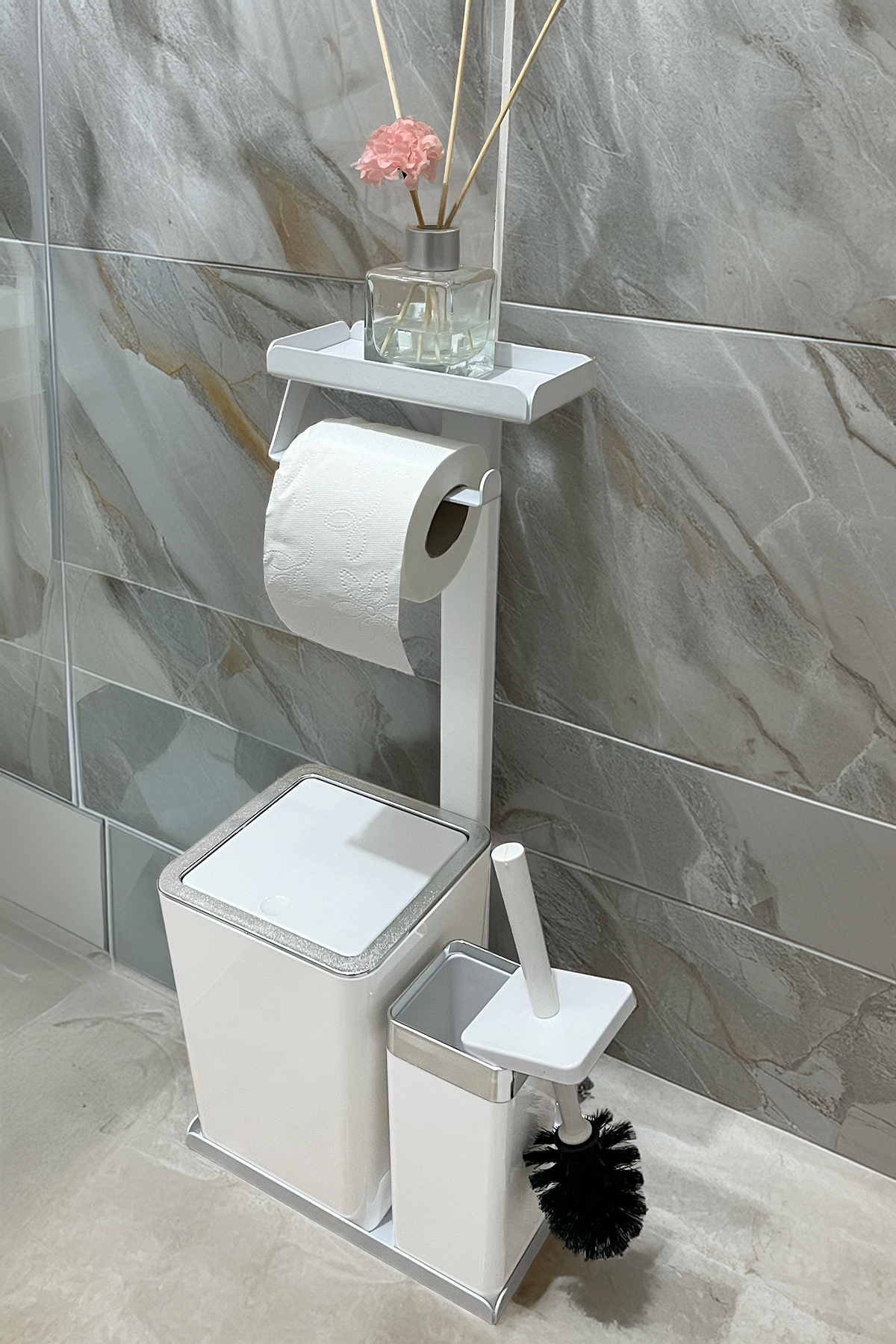 3'ü 1 Arada Banyo Seti Tuvalet Kağıtlık, Düz Çöp Kovası Ve Tuvalet Fırça Takımı