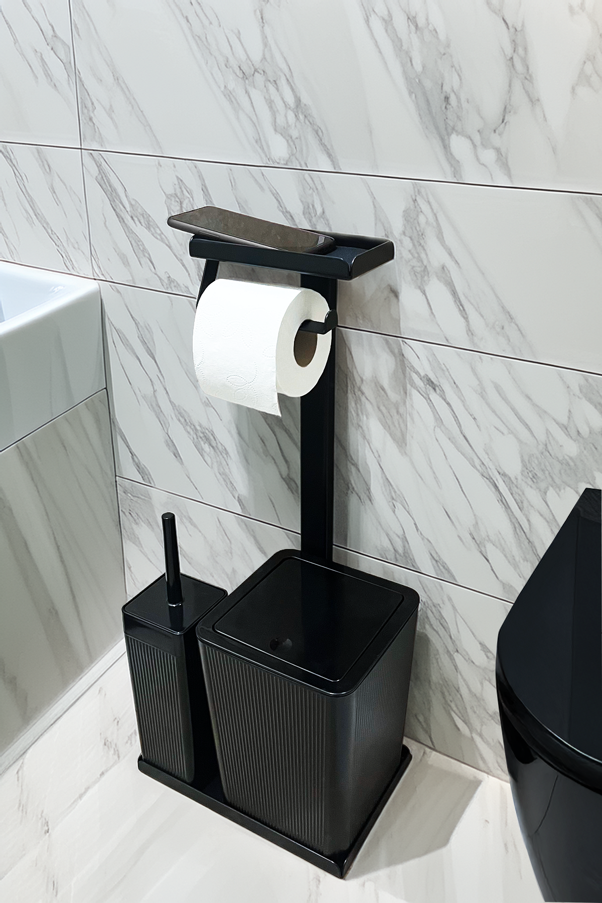 3'ü 1 Arada Banyo Seti Tuvalet Kağıtlık, Çizgili Çöp Kovası Ve Tuvalet Fırça Takımı