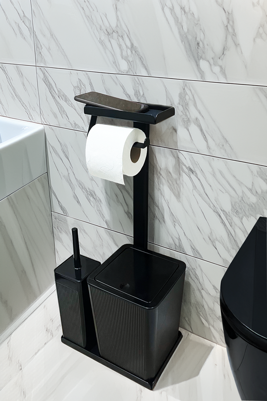 3'ü 1 Arada Banyo Seti Tuvalet Kağıtlık, Çizgili Çöp Kovası Ve Tuvalet Fırça Takımı