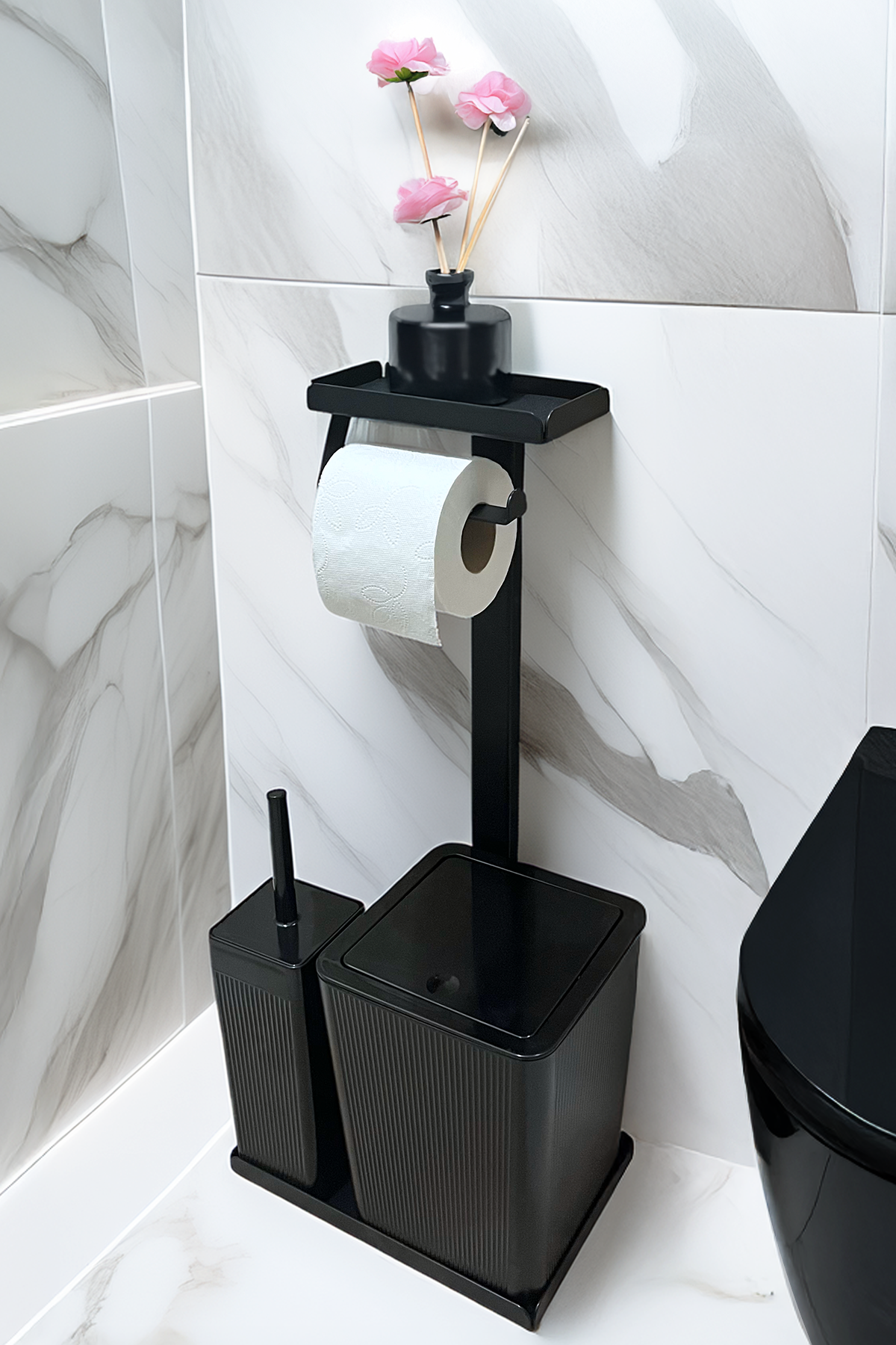 3'ü 1 Arada Banyo Seti Tuvalet Kağıtlık, Çizgili Çöp Kovası Ve Tuvalet Fırça Takımı