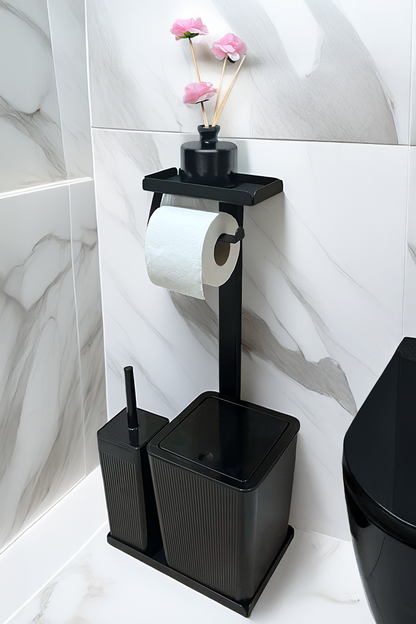3'ü 1 Arada Banyo Seti Tuvalet Kağıtlık, Çizgili Çöp Kovası Ve Tuvalet Fırça Takımı