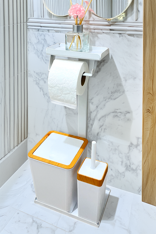 3'ü 1 Arada Banyo Seti Tuvalet Kağıtlık, Çizgili Çöp Kovası Ve Tuvalet Fırça Takımı