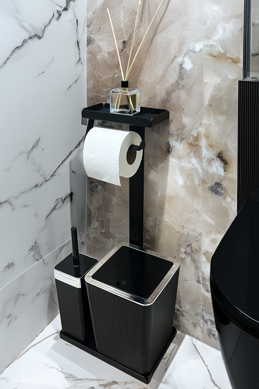 3'ü 1 Arada Banyo Seti Tuvalet Kağıtlık, Çizgili Çöp Kovası Ve Tuvalet Fırça Takımı