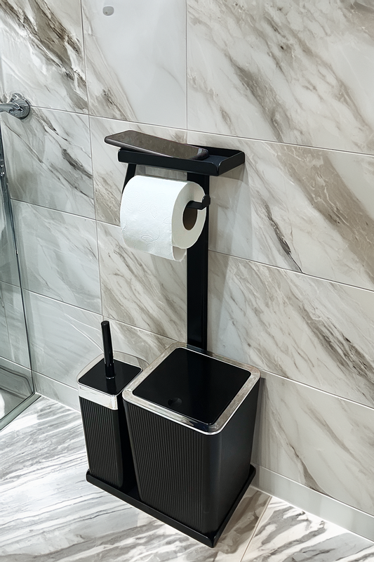 3'ü 1 Arada Banyo Seti Tuvalet Kağıtlık, Çizgili Çöp Kovası Ve Tuvalet Fırça Takımı