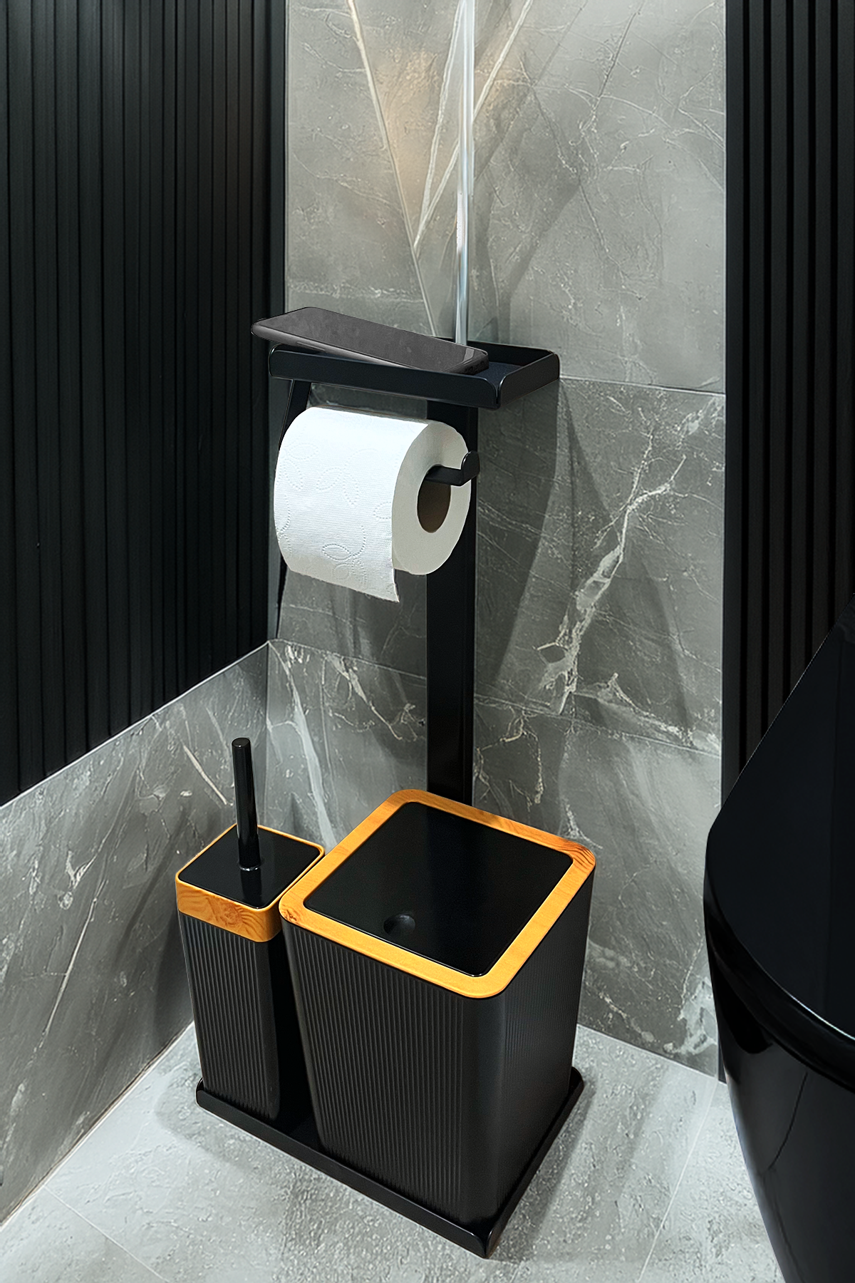 3'ü 1 Arada Banyo Seti Tuvalet Kağıtlık, Çizgili Çöp Kovası Ve Tuvalet Fırça Takımı