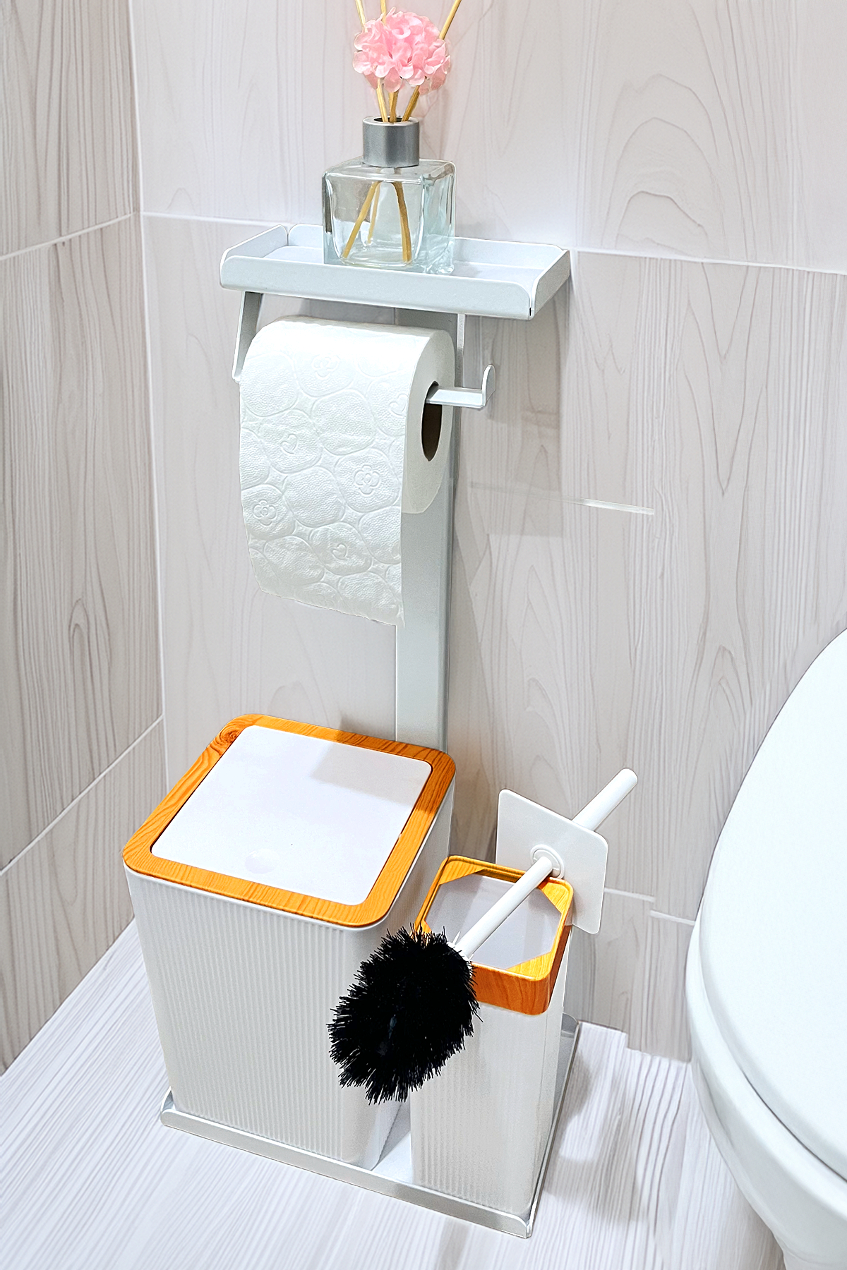 3'ü 1 Arada Banyo Seti Tuvalet Kağıtlık, Çizgili Çöp Kovası Ve Tuvalet Fırça Takımı