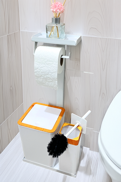 3'ü 1 Arada Banyo Seti Tuvalet Kağıtlık, Çizgili Çöp Kovası Ve Tuvalet Fırça Takımı
