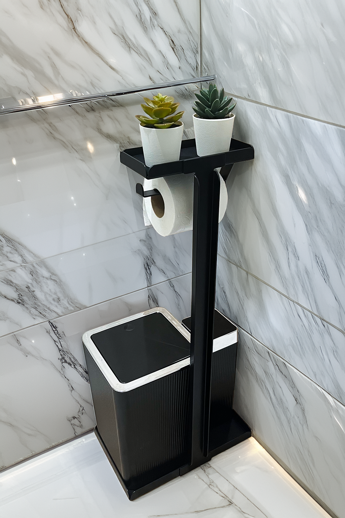 3'ü 1 Arada Banyo Seti Tuvalet Kağıtlık, Çizgili Çöp Kovası Ve Tuvalet Fırça Takımı