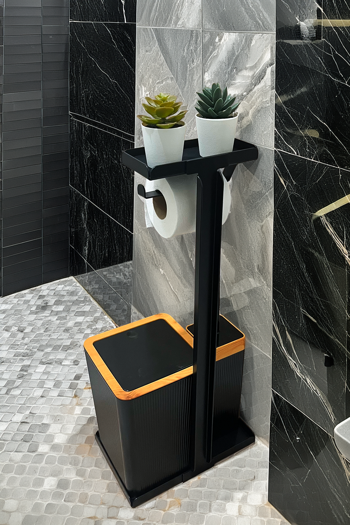 3'ü 1 Arada Banyo Seti Tuvalet Kağıtlık, Çizgili Çöp Kovası Ve Tuvalet Fırça Takımı